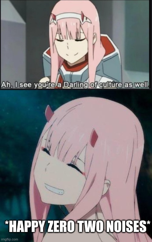 *HAPPY ZERO TWO NOISES* | image tagged in ah i see you're a darling of culture as well,happy zero two ditf anime girl waifu | made w/ Imgflip meme maker