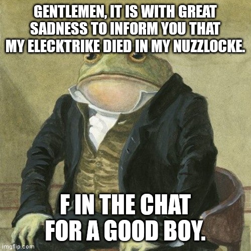 I have a Pikachu to replace it but it still hurts. | GENTLEMEN, IT IS WITH GREAT SADNESS TO INFORM YOU THAT MY ELECKTRIKE DIED IN MY NUZZLOCKE. F IN THE CHAT FOR A GOOD BOY. | image tagged in gentlemen it is with great pleasure to inform you that | made w/ Imgflip meme maker