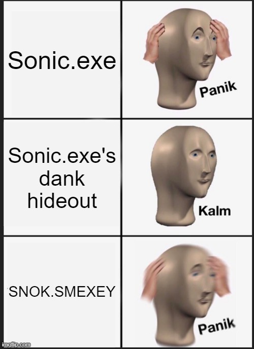 Sonic.exe games | Sonic.exe; Sonic.exe's dank hideout; SNOK.SMEXEY | image tagged in memes,panik kalm panik | made w/ Imgflip meme maker