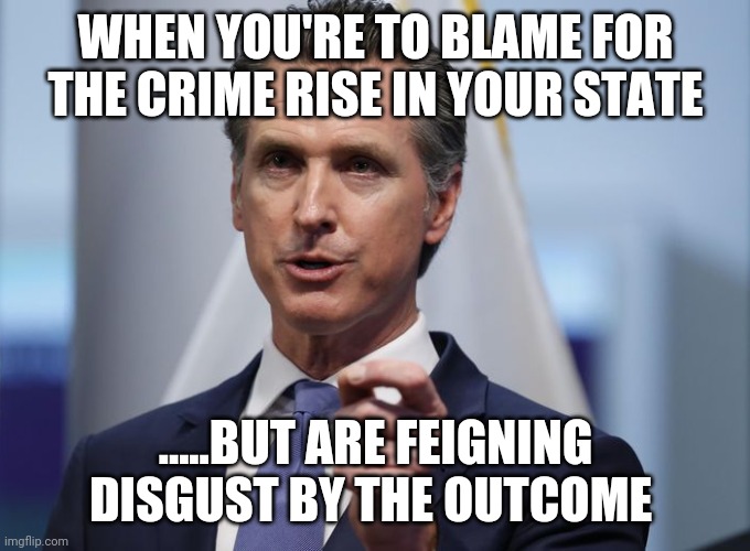 Gavin Newsom Shelter in Place Order | WHEN YOU'RE TO BLAME FOR THE CRIME RISE IN YOUR STATE; .....BUT ARE FEIGNING DISGUST BY THE OUTCOME | image tagged in gavin newsom shelter in place order | made w/ Imgflip meme maker