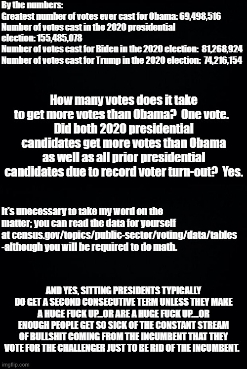 By the numbers:

Greatest number of votes ever cast for Obama: 69,498,516 
Number of votes cast in the 2020 presidential election: 155,485,0 | image tagged in black background | made w/ Imgflip meme maker