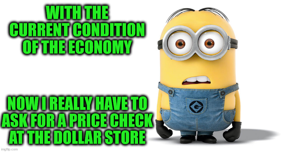 Confused Minion | WITH THE CURRENT CONDITION OF THE ECONOMY; NOW I REALLY HAVE TO
ASK FOR A PRICE CHECK
AT THE DOLLAR STORE | image tagged in confused minion,memes,dollar store,first world problems,no no hes got a point,sad but true | made w/ Imgflip meme maker