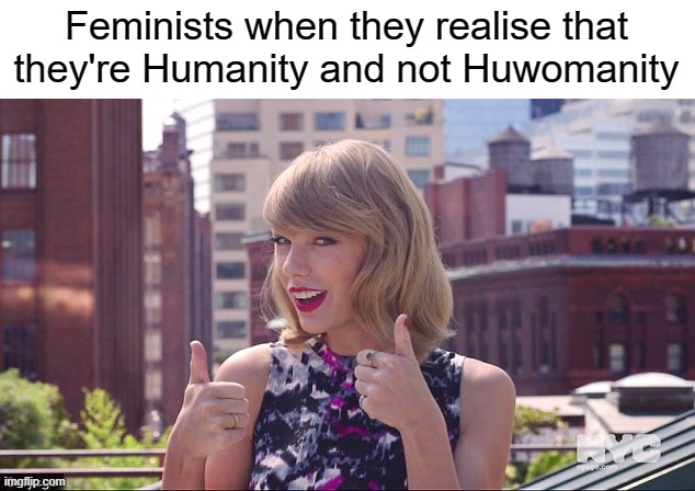 Feminism in reality |  Feminists when they realise that they're Humanity and not Huwomanity | image tagged in taylor swift thumbs up | made w/ Imgflip meme maker