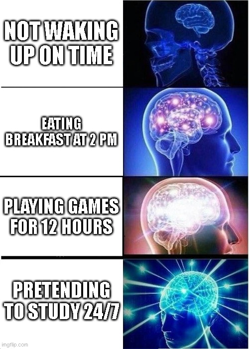 Expanding Brain | NOT WAKING UP ON TIME; EATING BREAKFAST AT 2 PM; PLAYING GAMES FOR 12 HOURS; PRETENDING TO STUDY 24/7 | image tagged in memes,expanding brain | made w/ Imgflip meme maker