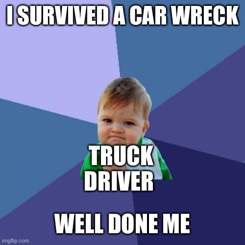 Success Kid Meme | I SURVIVED A CAR WRECK WELL DONE ME TRUCK DRIVER | image tagged in memes,success kid | made w/ Imgflip meme maker