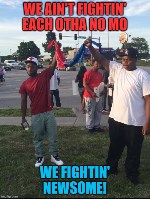 Crips & Bloods | WE AIN'T FIGHTIN' EACH OTHA NO MO WE FIGHTIN' NEWSOME! | image tagged in crips bloods | made w/ Imgflip meme maker