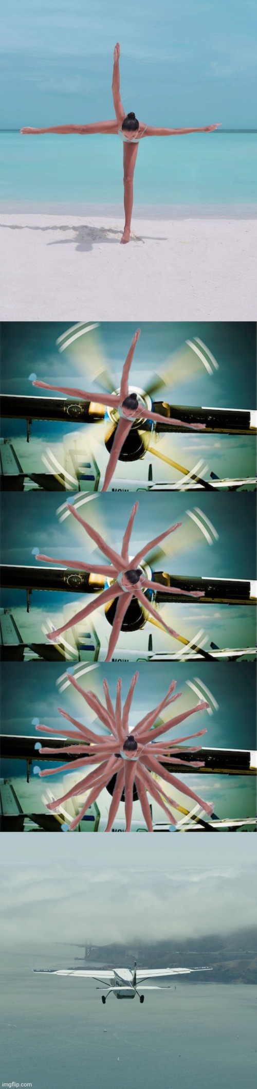 Propeller Balance | image tagged in beach,ballet,balance,spinning,plane,flying | made w/ Imgflip meme maker