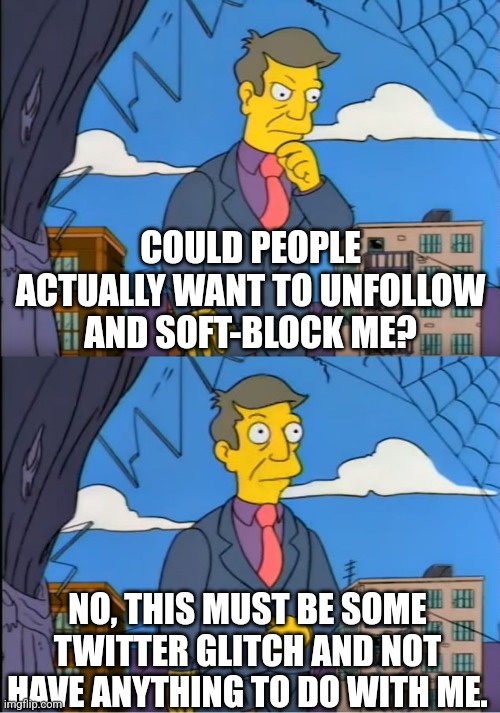 Twitter Softblock | COULD PEOPLE ACTUALLY WANT TO UNFOLLOW AND SOFT-BLOCK ME? NO, THIS MUST BE SOME TWITTER GLITCH AND NOT HAVE ANYTHING TO DO WITH ME. | image tagged in skinner out of touch | made w/ Imgflip meme maker