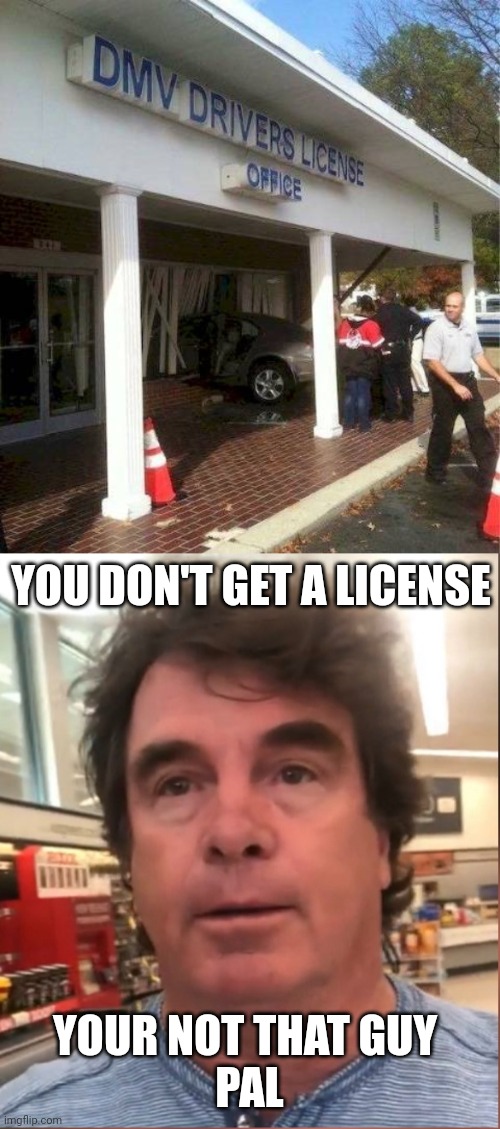 PROBABLY THE LAST BUILDING YOU WANT TO DRIVE A CAR INTO | YOU DON'T GET A LICENSE; YOUR NOT THAT GUY
 PAL | image tagged in you're not that guy pal,cars,fail,stupid people | made w/ Imgflip meme maker