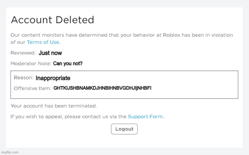 New Roblox Ban - Imgflip