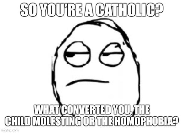 F*** the Catholic Church! | SO YOU’RE A CATHOLIC? WHAT CONVERTED YOU, THE CHILD MOLESTING OR THE HOMOPHOBIA? | image tagged in meh,catholicism,catholic church,pedophiles,catholic,religion | made w/ Imgflip meme maker
