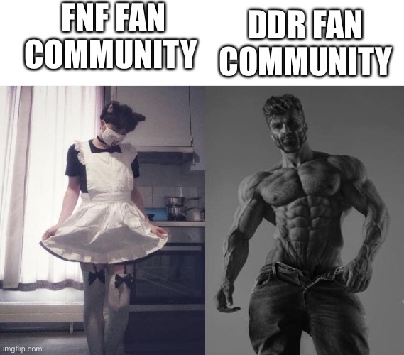 Bro actually play ddr instead of the cheap knockoff ripoff | FNF FAN COMMUNITY; DDR FAN COMMUNITY | image tagged in giga chad vs femboy | made w/ Imgflip meme maker