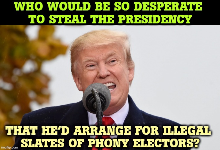 Trump an Ugly Face on an Ugly Man | WHO WOULD BE SO DESPERATE 
TO STEAL THE PRESIDENCY; THAT HE'D ARRANGE FOR ILLEGAL 
SLATES OF PHONY ELECTORS? | image tagged in trump an ugly face on an ugly man,trump,stolen,election,crooked,rigged elections | made w/ Imgflip meme maker