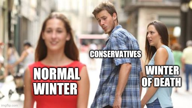 Been pretty normal other than the complete tyranny. | CONSERVATIVES; WINTER OF DEATH; NORMAL WINTER | image tagged in man looking at other woman | made w/ Imgflip meme maker