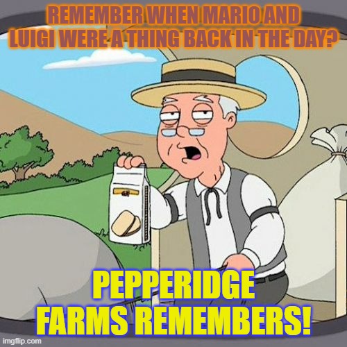 Remember when Mario and Luigi were a thing with their RPGs? | REMEMBER WHEN MARIO AND LUIGI WERE A THING BACK IN THE DAY? PEPPERIDGE FARMS REMEMBERS! | image tagged in memes,pepperidge farm remembers | made w/ Imgflip meme maker