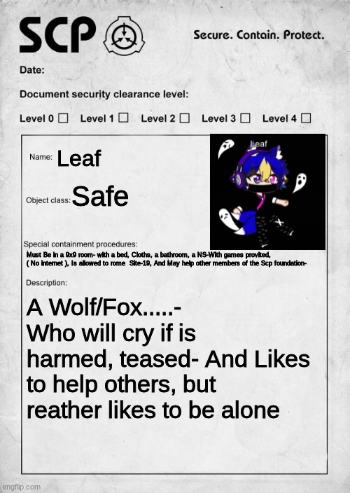Kinda got lazy on everything- | Leaf; Safe; Must Be in a 9x9 room- with a bed, Cloths, a bathroom, a NS-With games provited, ( No internet ), Is allowed to rome  Site-19, And May help other members of the Scp foundation-; A Wolf/Fox.....- Who will cry if is harmed, teased- And Likes to help others, but reather likes to be alone | image tagged in scp document | made w/ Imgflip meme maker