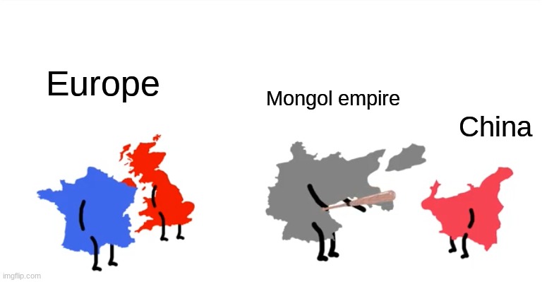 may not be accurate | Europe; Mongol empire; China | image tagged in i wanna beat you up oversimplified | made w/ Imgflip meme maker