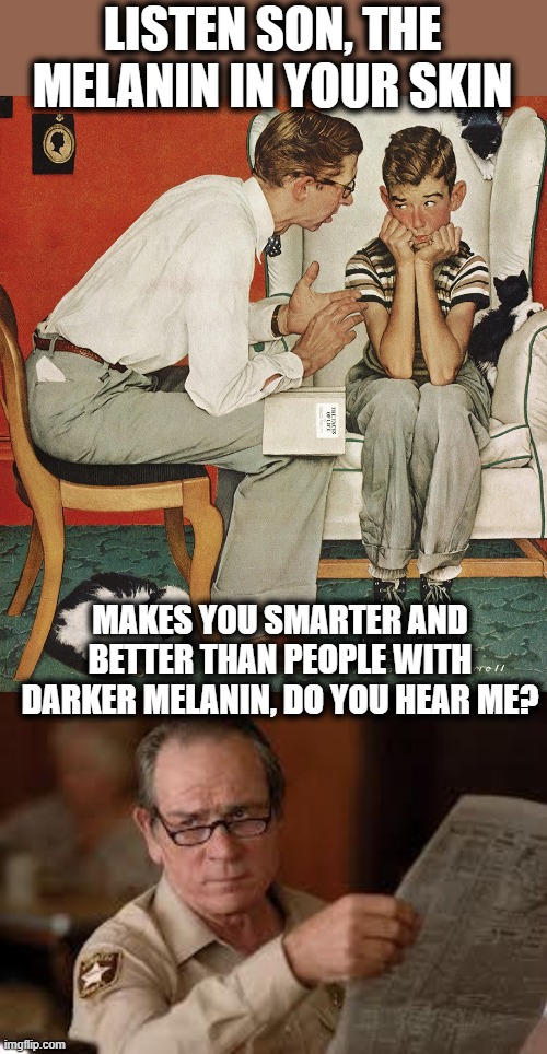 LISTEN SON, THE MELANIN IN YOUR SKIN MAKES YOU SMARTER AND BETTER THAN PEOPLE WITH DARKER MELANIN, DO YOU HEAR ME? | image tagged in norman rockwell,no country for old men tommy lee jones | made w/ Imgflip meme maker