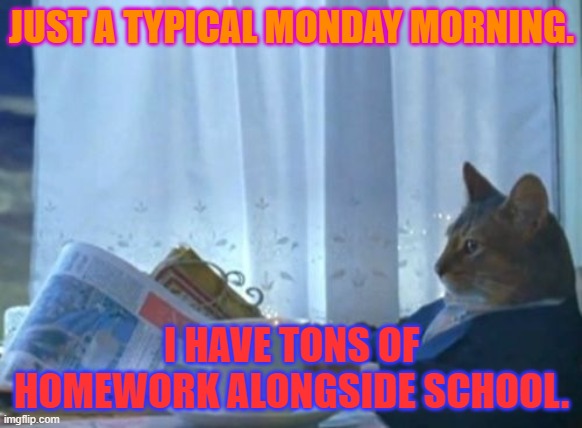 Homework and School |  JUST A TYPICAL MONDAY MORNING. I HAVE TONS OF HOMEWORK ALONGSIDE SCHOOL. | image tagged in memes,i should buy a boat cat | made w/ Imgflip meme maker
