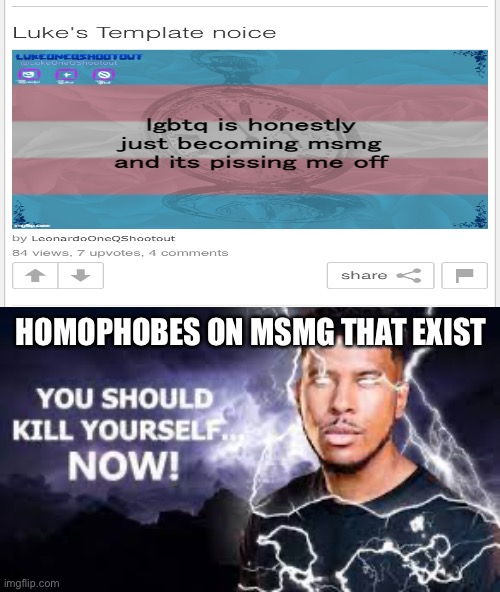 HOMOPHOBES ON MSMG THAT EXIST | image tagged in you should kill yourself now | made w/ Imgflip meme maker