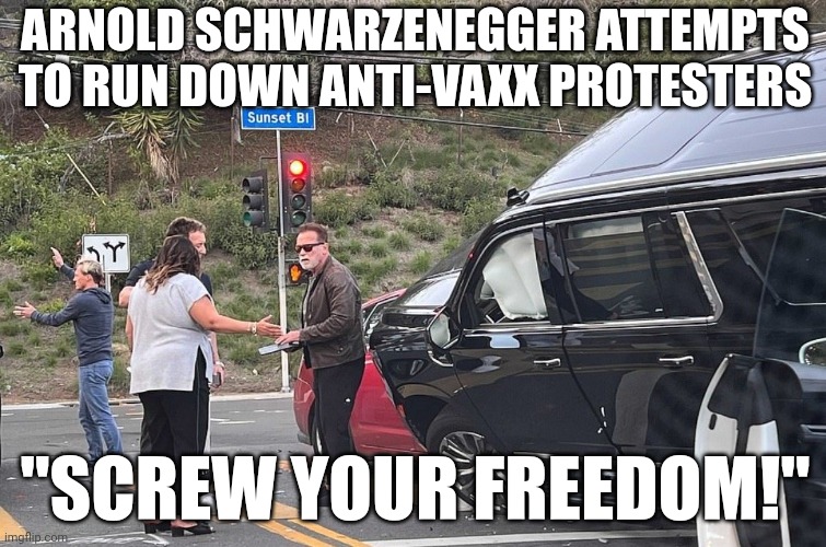 ARNOLD SAYS SCREW YOUR FREEDOM | ARNOLD SCHWARZENEGGER ATTEMPTS TO RUN DOWN ANTI-VAXX PROTESTERS; "SCREW YOUR FREEDOM!" | image tagged in arnold schwarzenegger car wreck,screw you,car crash,antivax,arnold schwarzenegger,arnold yelling | made w/ Imgflip meme maker