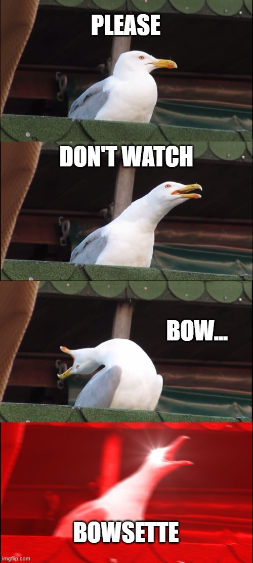 Inhaling BowSette Seagull | PLEASE; DON'T WATCH; BOW... BOWSETTE | image tagged in memes,inhaling seagull,bowsette | made w/ Imgflip meme maker