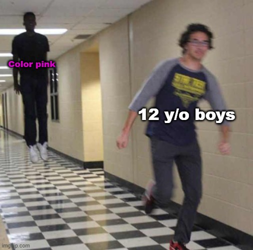 Pink only for girls not boys is blue | Color pink; 12 y/o boys | image tagged in floating boy chasing running boy,memes | made w/ Imgflip meme maker