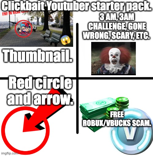 Clickbait Youtuber | Clickbait Youtuber starter pack. 3 AM, 3AM CHALLENGE, GONE WRONG, SCARY, ETC. Thumbnail. Red circle and arrow. FREE ROBUX/VBUCKS SCAM. | image tagged in memes,blank starter pack | made w/ Imgflip meme maker