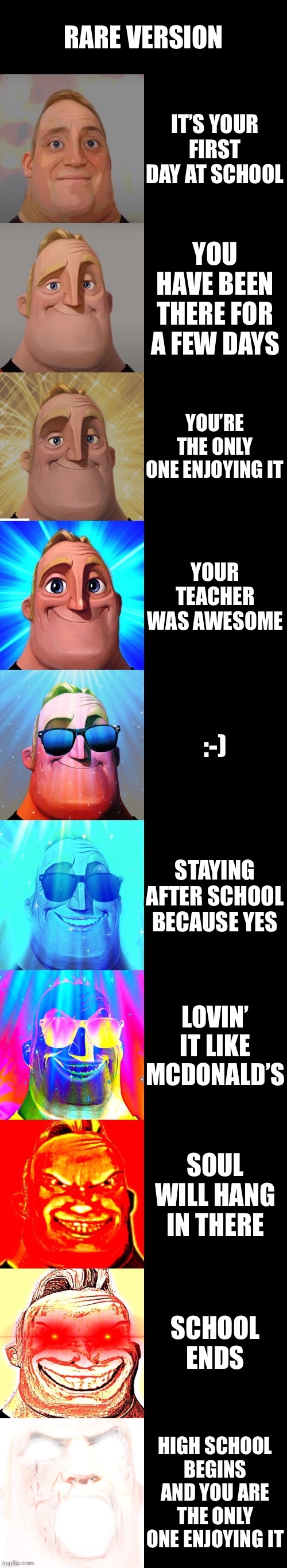 mr incredible becoming canny | RARE VERSION IT’S YOUR FIRST DAY AT SCHOOL YOU HAVE BEEN THERE FOR A FEW DAYS YOU’RE THE ONLY ONE ENJOYING IT YOUR TEACHER WAS AWESOME :-) S | image tagged in mr incredible becoming canny | made w/ Imgflip meme maker