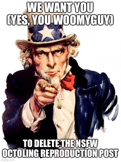 Uncle Sam | WE WANT YOU (YES, YOU WOOMYGUY); TO DELETE THE NSFW OCTOLING REPRODUCTION POST | image tagged in memes,uncle sam | made w/ Imgflip meme maker