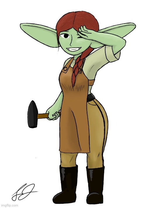 Sue, the goblin blacksmith | image tagged in selaria,oc | made w/ Imgflip meme maker