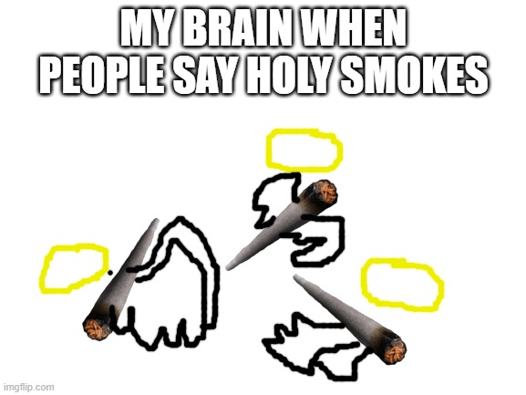 Blank White Template |  MY BRAIN WHEN PEOPLE SAY HOLY SMOKES | image tagged in blank white template,memes | made w/ Imgflip meme maker