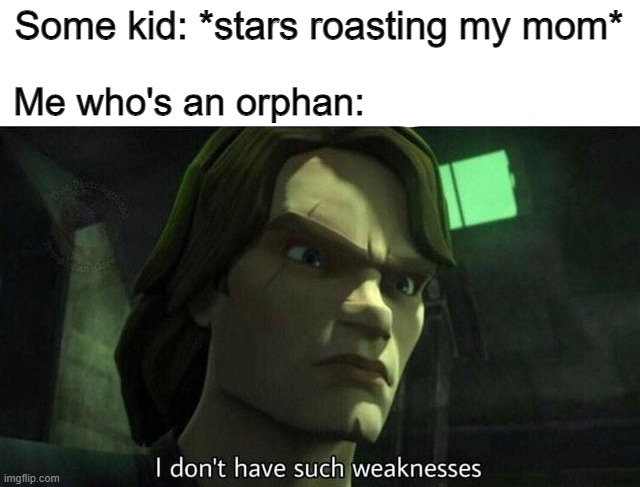Foolish mortal |  Some kid: *stars roasting my mom*; Me who's an orphan: | image tagged in i don't have such weakness,memes | made w/ Imgflip meme maker