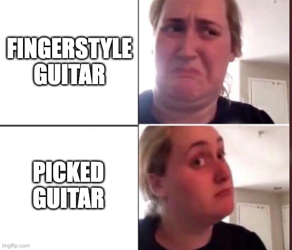 guitar meme lol | FINGERSTYLE GUITAR; PICKED GUITAR | image tagged in kombucha girl | made w/ Imgflip meme maker