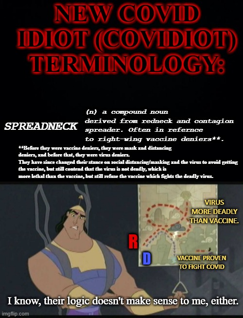 Notice the COVID death rate provided by Kronk. Due to Red States failing to report and inconsistently report, they're all over t | NEW COVID IDIOT (COVIDIOT) TERMINOLOGY:; SPREADNECK; (n) a compound noun derived from redneck and contagion spreader. Often in refernce to right-wing vaccine deniers**. **Before they were vaccine deniers, they were mask and distancing deniers, and before that, they were virus deniers. 
They have since changed their stance on social distancing/masking and the virus to avoid getting the vaccine, but still contend that the virus is not deadly, which is more lethal than the vaccine, but still refuse the vaccine which fights the deadly virus. VIRUS MORE DEADLY THAN VACCINE. R; VACCINE PROVEN TO FIGHT COVID; D; I know, their logic doesn't make sense to me, either. | image tagged in black background,kronk nonsense,covid,republican,vaccine,mandate | made w/ Imgflip meme maker