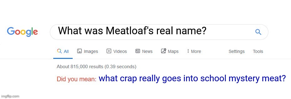 He'd have done anything for love, but he wouldn't do that | What was Meatloaf's real name? what crap really goes into school mystery meat? | image tagged in did you mean,google search,meatloaf,humor | made w/ Imgflip meme maker