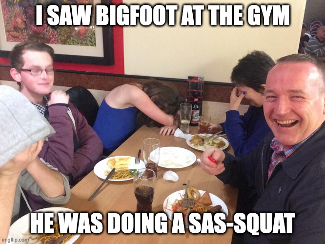 Never skip legday | I SAW BIGFOOT AT THE GYM; HE WAS DOING A SAS-SQUAT | image tagged in dad joke meme | made w/ Imgflip meme maker