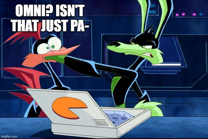 Shhhh | OMNI? ISN'T THAT JUST PA- | image tagged in tech stuffing frozen pizza into rev's mouth,memes,furry,funny,pan,omni | made w/ Imgflip meme maker