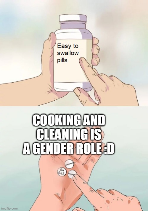 *looks at wamen* | COOKING AND CLEANING IS A GENDER ROLE :D | image tagged in easy to swallow pills | made w/ Imgflip meme maker