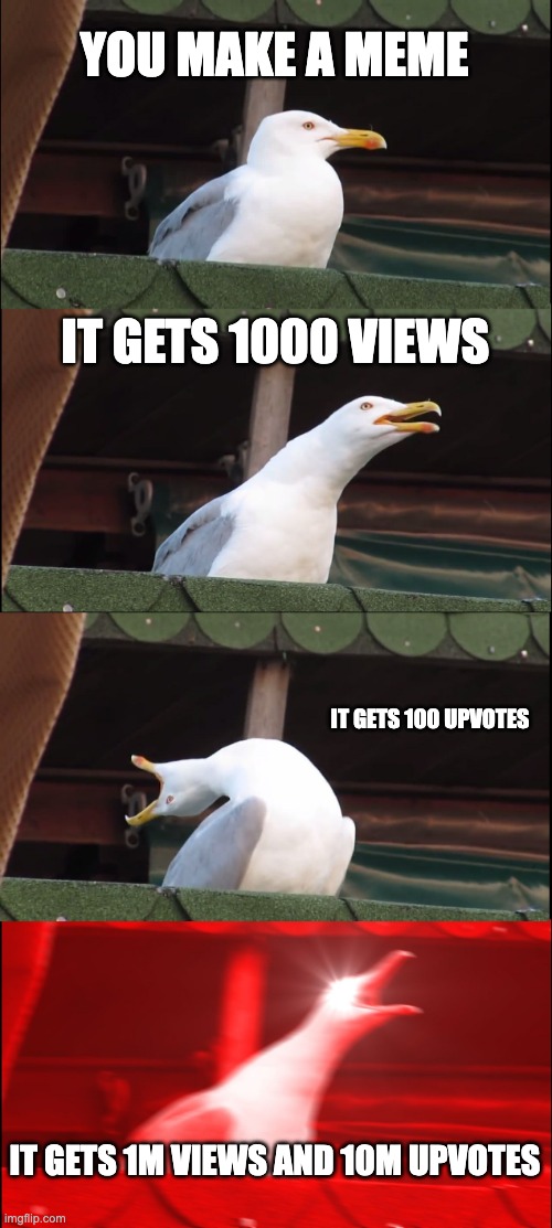 Inhaling Seagull | YOU MAKE A MEME; IT GETS 1000 VIEWS; IT GETS 100 UPVOTES; IT GETS 1M VIEWS AND 10M UPVOTES | image tagged in memes,inhaling seagull | made w/ Imgflip meme maker