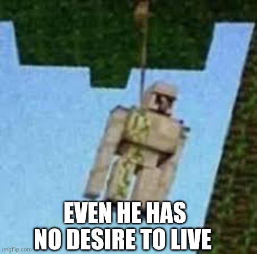 Iron Golem hanging | EVEN HE HAS NO DESIRE TO LIVE | image tagged in iron golem hanging | made w/ Imgflip meme maker