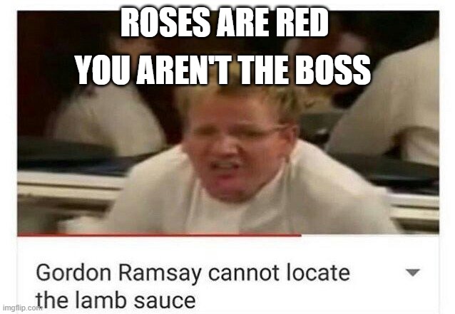 WHERE'S THE LAMB SOS | ROSES ARE RED; YOU AREN'T THE BOSS | image tagged in gordon ramsay cannot locate | made w/ Imgflip meme maker