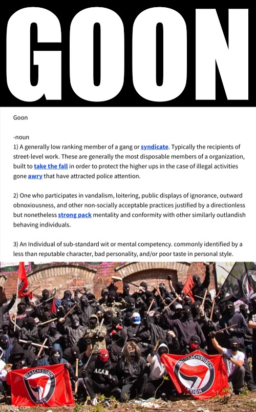 They are hate-filled, blue-haired, black-wearing leftist goons. — The dregs of society seeking some sort of revelence. |  GOON | image tagged in antifa,Conservative | made w/ Imgflip meme maker