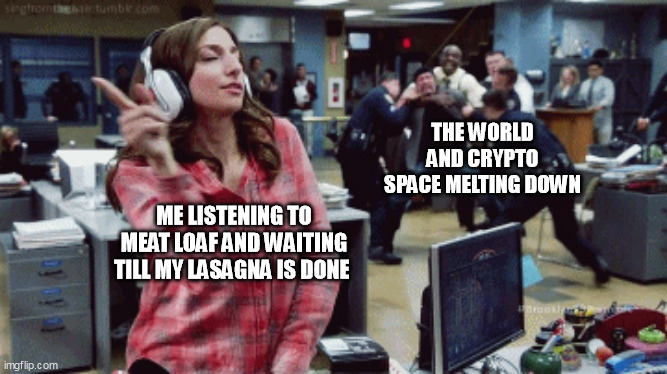 Brooklyn Nine Nine |  THE WORLD AND CRYPTO SPACE MELTING DOWN; ME LISTENING TO MEAT LOAF AND WAITING TILL MY LASAGNA IS DONE | image tagged in brooklyn nine nine | made w/ Imgflip meme maker