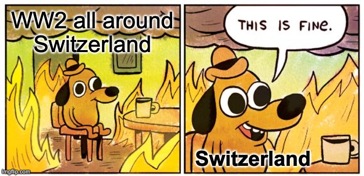 This Is Fine | WW2 all around Switzerland; Switzerland | image tagged in memes,this is fine | made w/ Imgflip meme maker