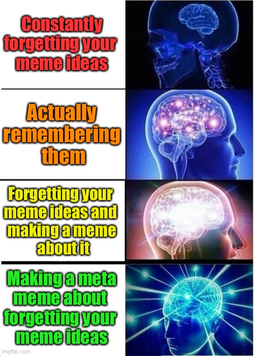 Not calling anyone dumb for forgetting their meme ideas | Constantly forgetting your 
meme ideas; Actually remembering
 them; Forgetting your 
meme ideas and 
making a meme
 about it; Making a meta
meme about 
forgetting your 
meme ideas | image tagged in memes,expanding brain,funny,cats,gifs,meme | made w/ Imgflip meme maker
