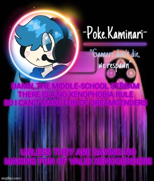 Eh I will just make fun of them here | DAMN, THE MIDDLE-SCHOOL STREAM THERE IS A NO XENOPHOBIA RULE SO I CAN'T MAKE FUN OF DREAMGENDERS; UNLESS THEY ARE SAYING NO MAKING FUN OF VALID XENOGENDERS | image tagged in -poke kaminari- gaming temp | made w/ Imgflip meme maker