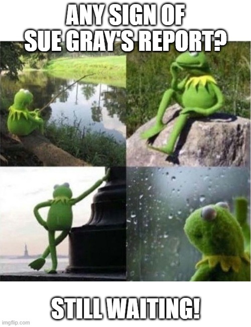 blank kermit waiting | ANY SIGN OF SUE GRAY'S REPORT? STILL WAITING! | image tagged in blank kermit waiting | made w/ Imgflip meme maker