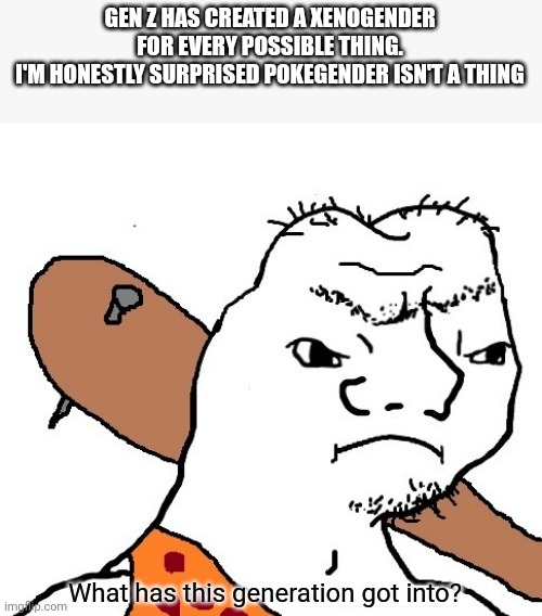 Somebody is going to make a pokegender now aren't they | GEN Z HAS CREATED A XENOGENDER FOR EVERY POSSIBLE THING.
I'M HONESTLY SURPRISED POKEGENDER ISN'T A THING | image tagged in what has this generation got into | made w/ Imgflip meme maker