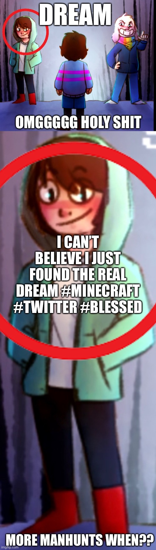 Dream is here!! |  DREAM; OMGGGGG HOLY SHIT; I CAN’T BELIEVE I JUST FOUND THE REAL DREAM #MINECRAFT #TWITTER #BLESSED; MORE MANHUNTS WHEN?? | image tagged in dream,storyshift,chara,minecraft,undertale,dreamsmp | made w/ Imgflip meme maker